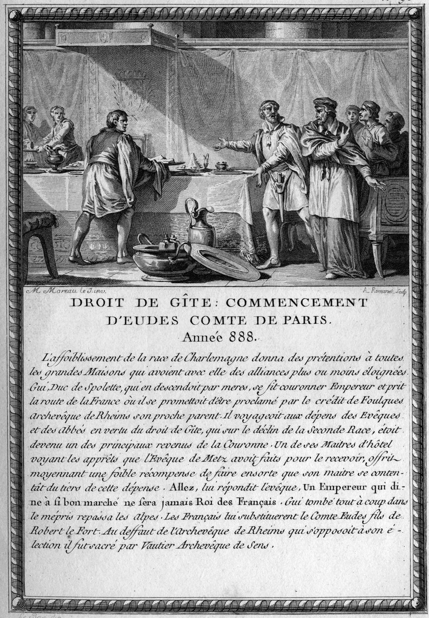 Droit de Gite, Beginning of Eudes, Count of Paris, year 888. King Guy III, Duke of Spoleto (died 894) was hosted by the Bishop of Metz under the right of a cottage by French School