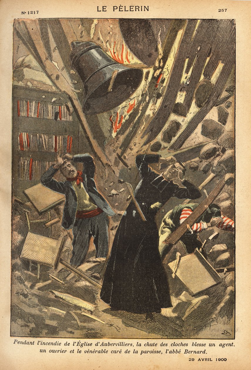 During the Fire of the Church of Aubervilliers, Engraving in "Le Pelerin" 29/04/1900. Selva Collection. by French School