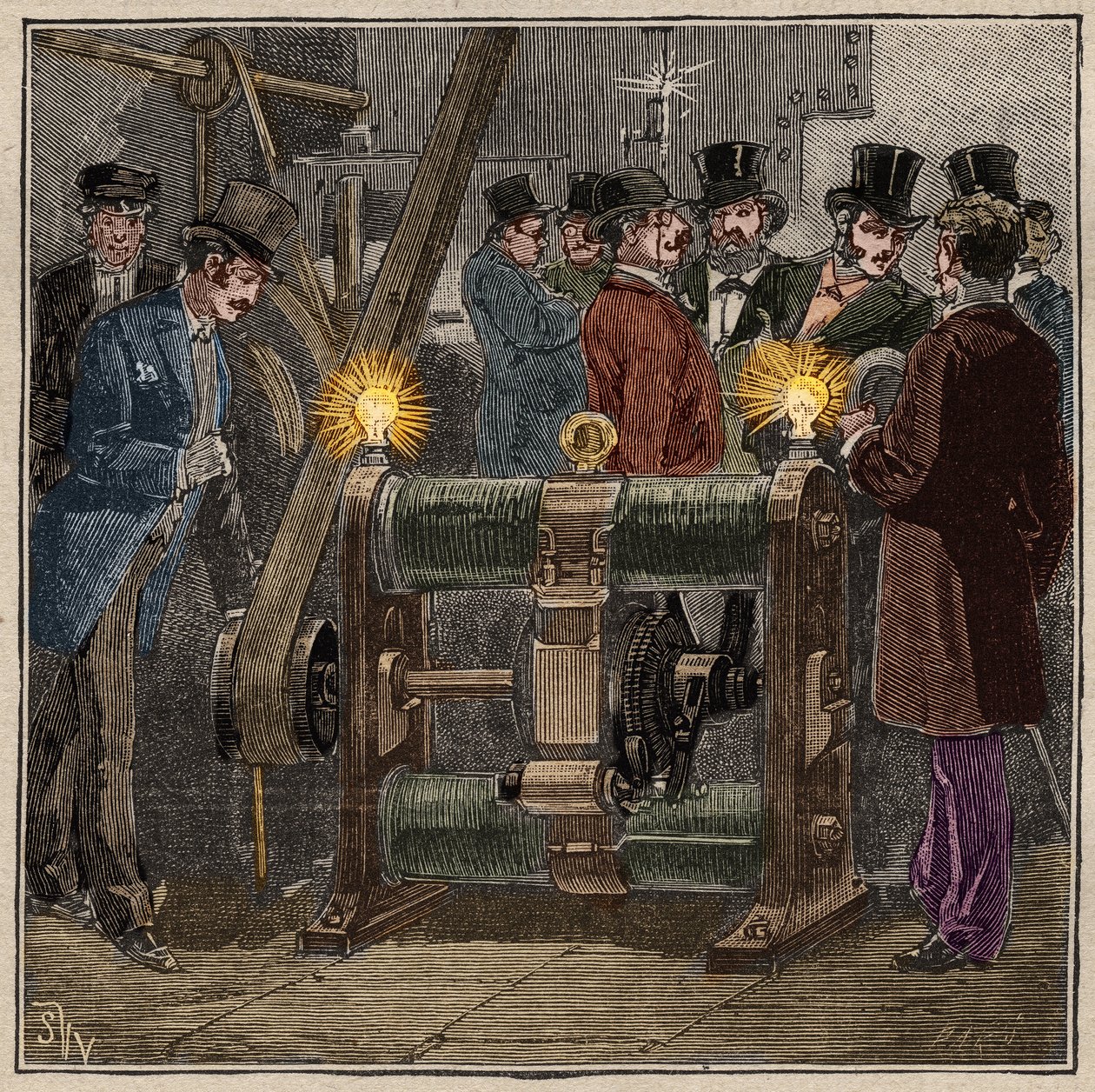 Dynamo electric machine of type Gram producing direct current, electric experience in the machinery room of the Conservatoire des arts et metiers de Paris (circa 1881). Engraving from 1885 in 