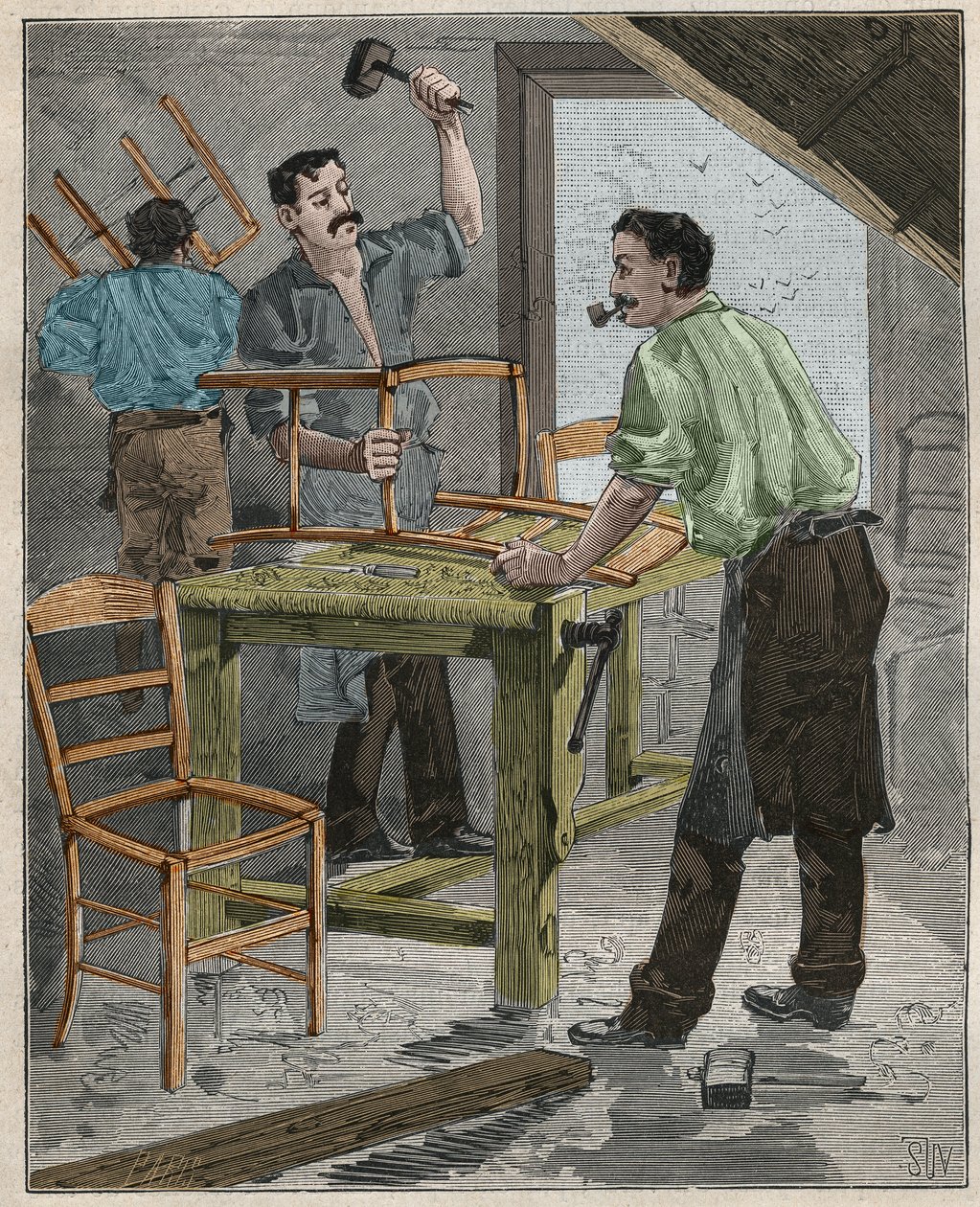 Ebenisterie: assembly of chairs in the 19th century in France. Engraving from 1885 in 