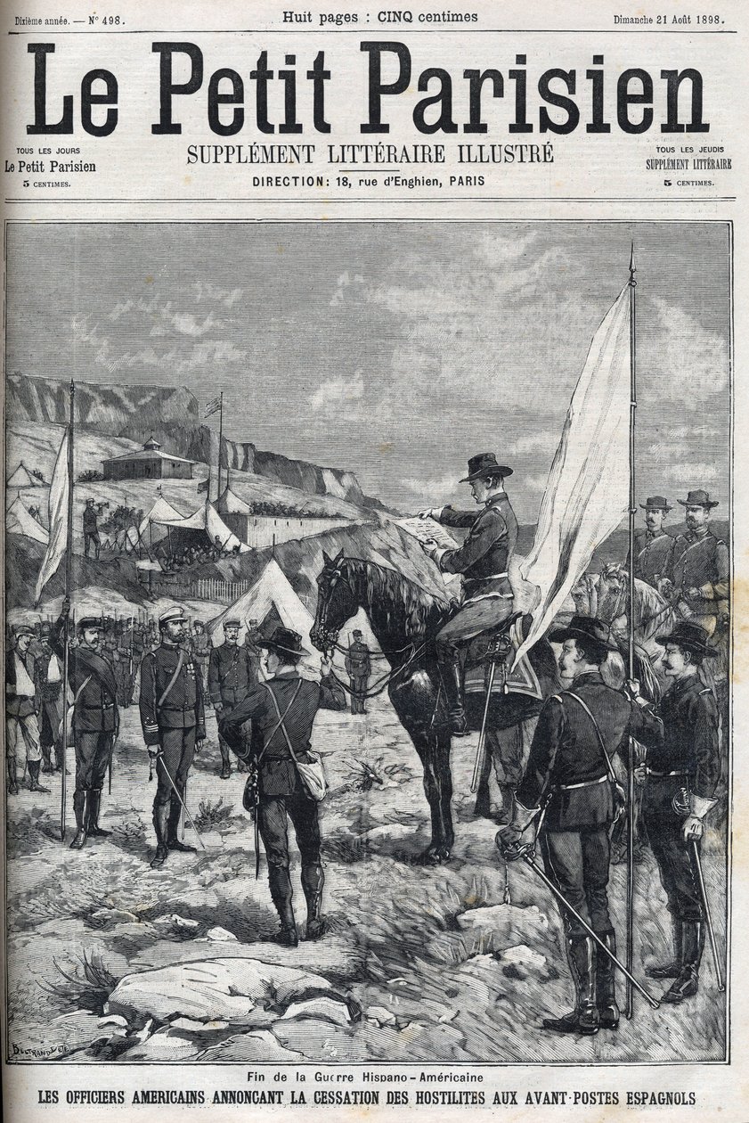 End of the Spanish-American War in 1898. American officers announcing the cessation of hostilities at the Spanish outposts. Engraving in 