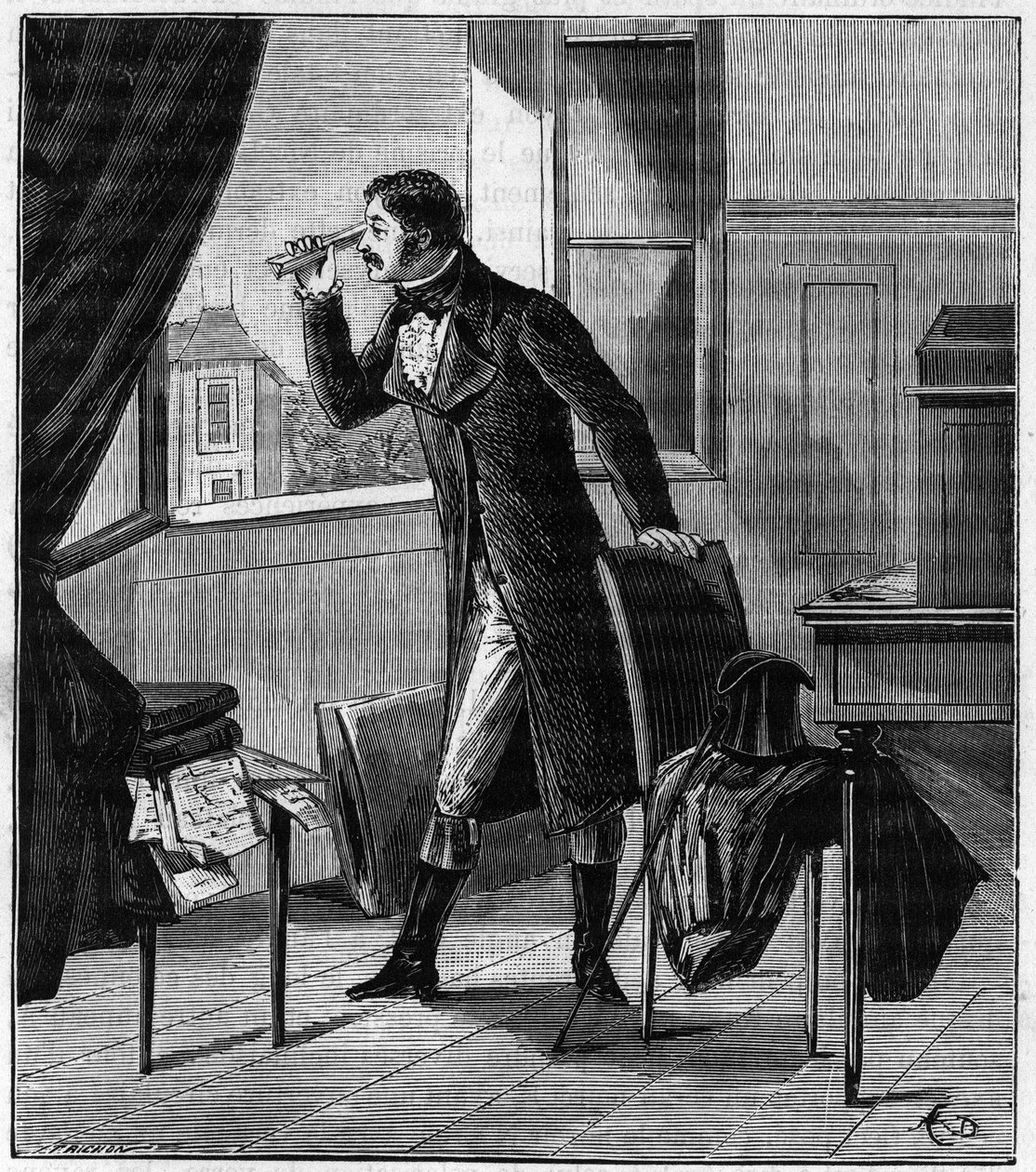 Etienne Louis Malus (1775-1812) observes through a spath the light of the sunset reflected by the glass windows of Luxembourg in 1808 - Etienne-Louis Malus (1775-1812) French officer, engineer, physicist, and mathematician - Engraving in 