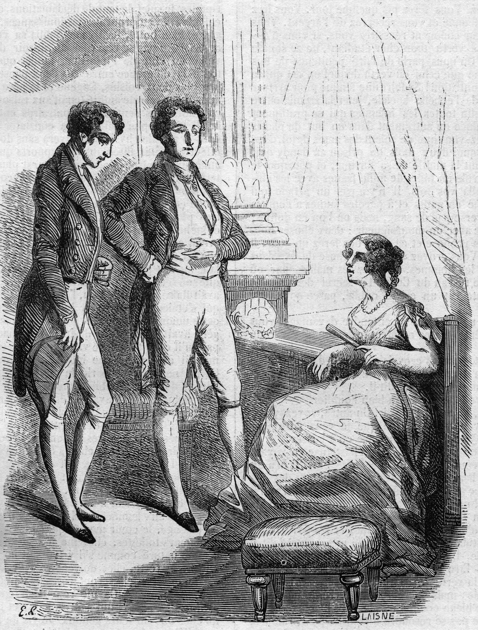 Eugene de Rastignac presented to Madame de Nucingen by the Marquis of Adjuda. Engraving mid 19th century. Illustration for 