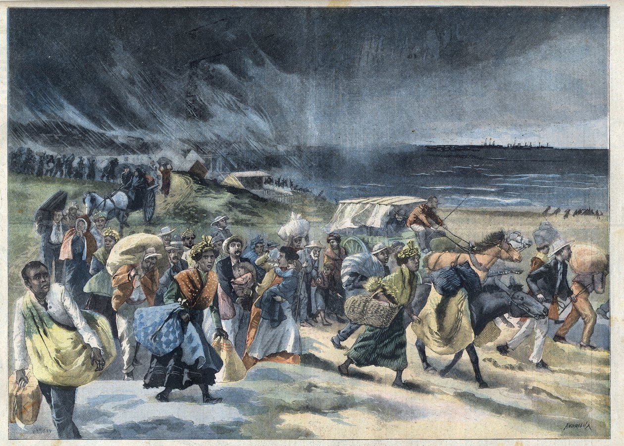 Exodus of the inhabitants of Fort-de-France after the eruption of Mount Pelee in Martinique. Engraving in 