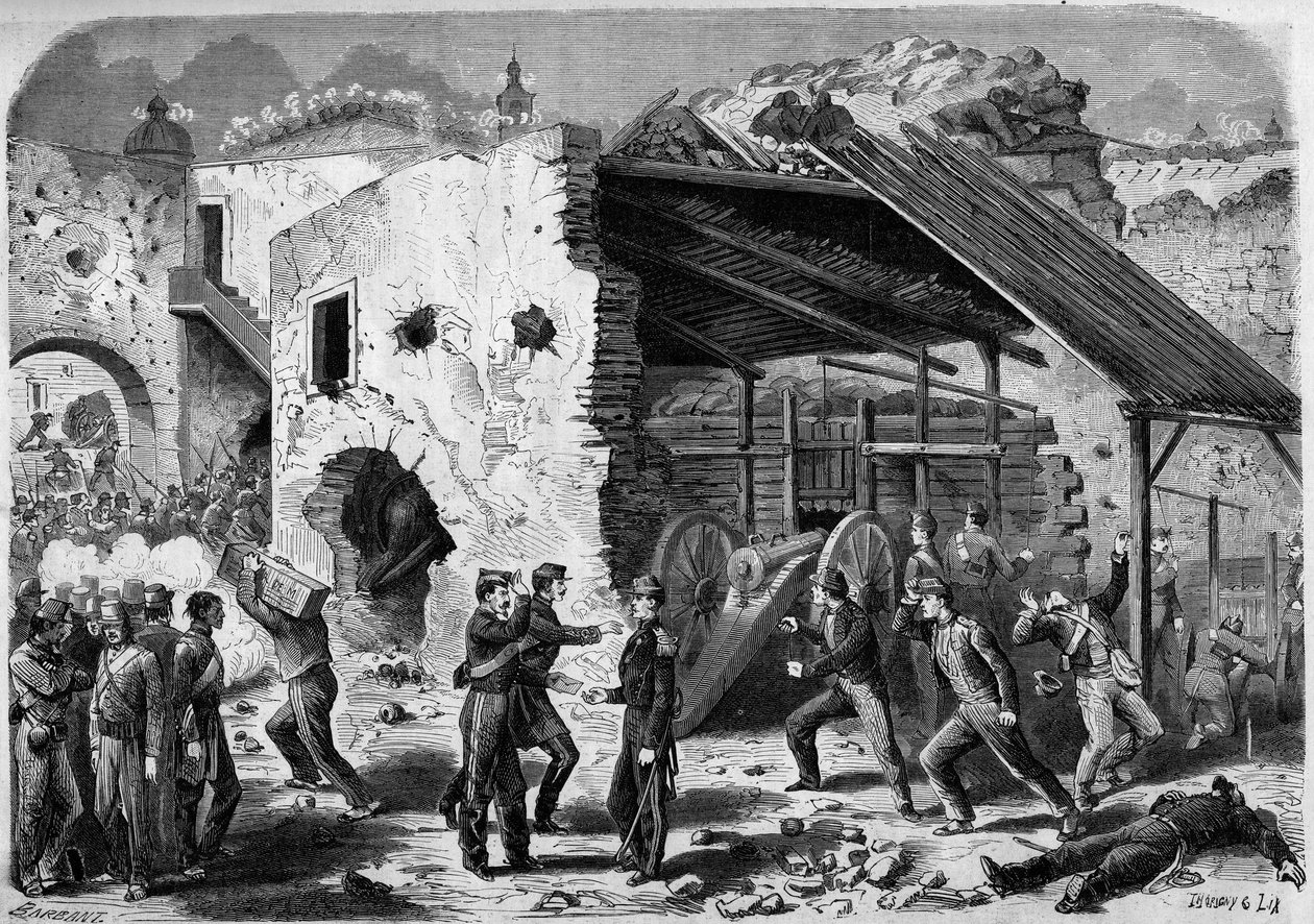 Expedition to Mexico (1861-1867) - siege of Puebla - 1863: attack of a block (group of houses) by the French army. Once inside the city, the French soldiers had to fight battle by battle. Engraving in 