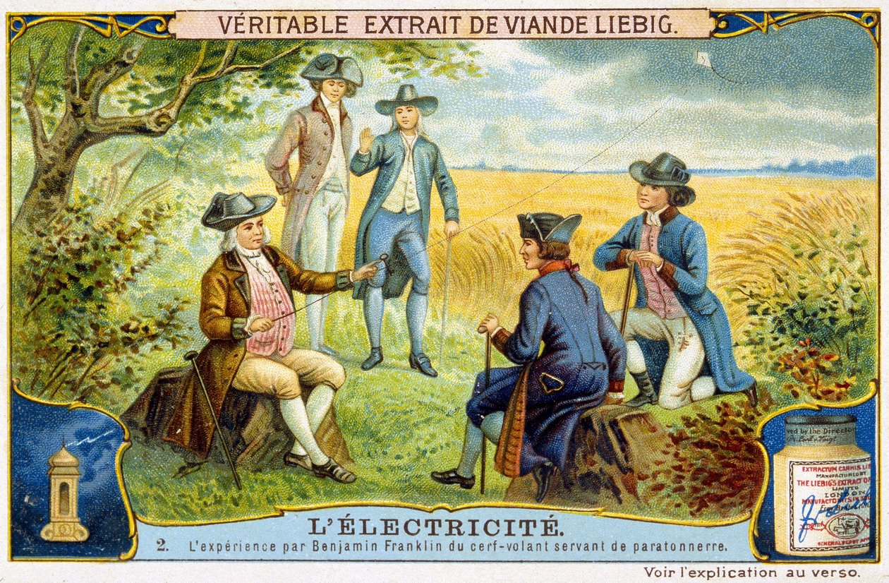 Experience by Benjamin Franklin of flying deer used as lightning rod - Liebig advertising sticker by French School