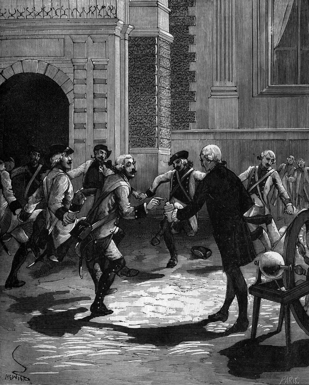 Experiment of the Leyden jar by Abbe Jean Antoine Nollet (Jean-Antoine) (1700-1770), French physicist at Versailles, where 180 guards were struck at the same time. 1746 by French School