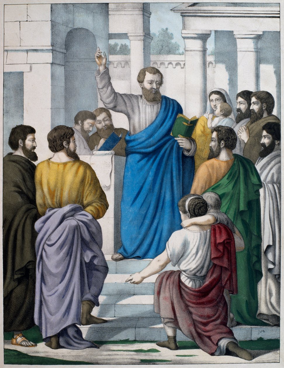 Ezra reading the book of the law of Moses, illustration from a catechism L