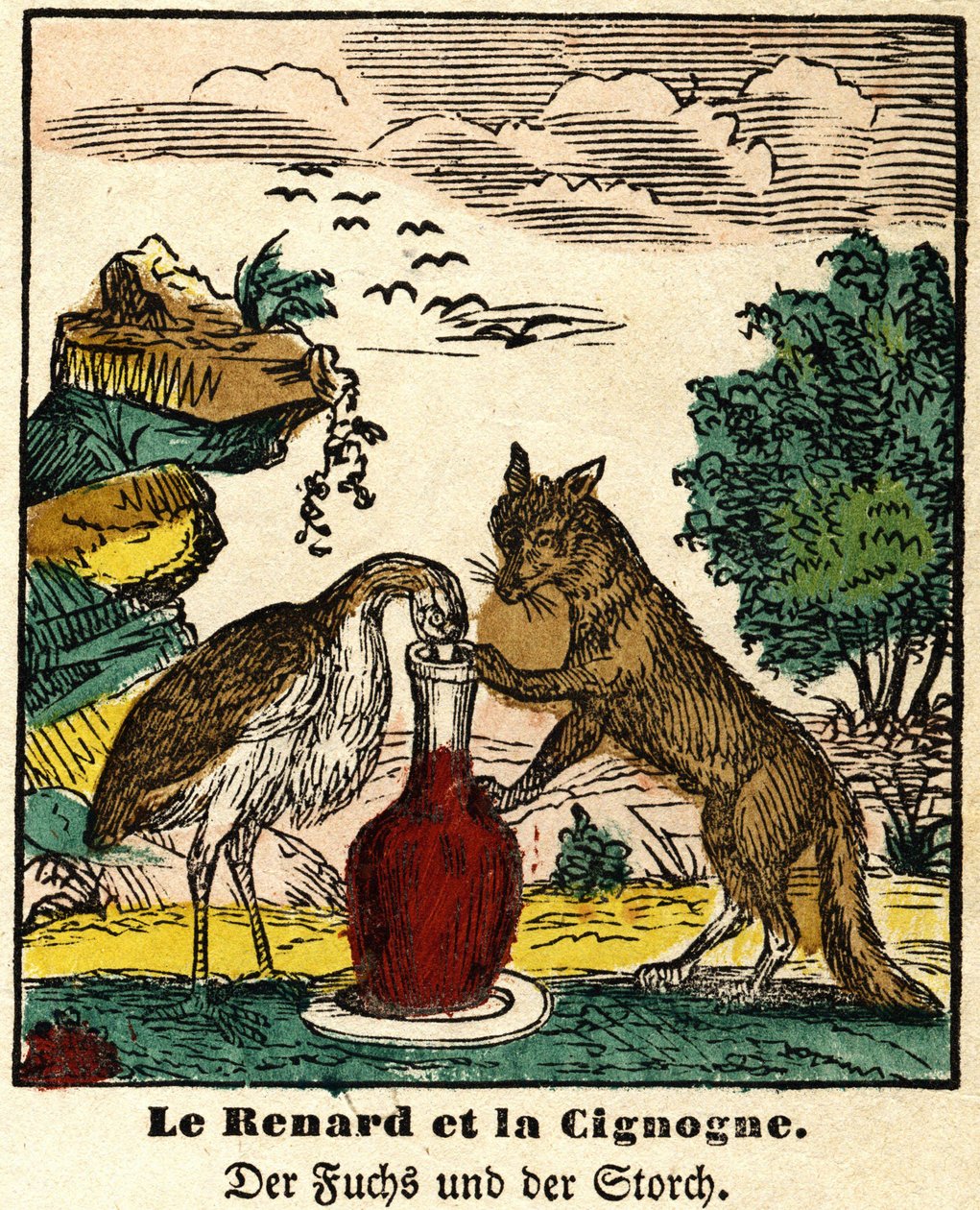 Fables of La Fontaine: The Fox and the Stork. Image of Epinal, First Half of the 19th Century by French School