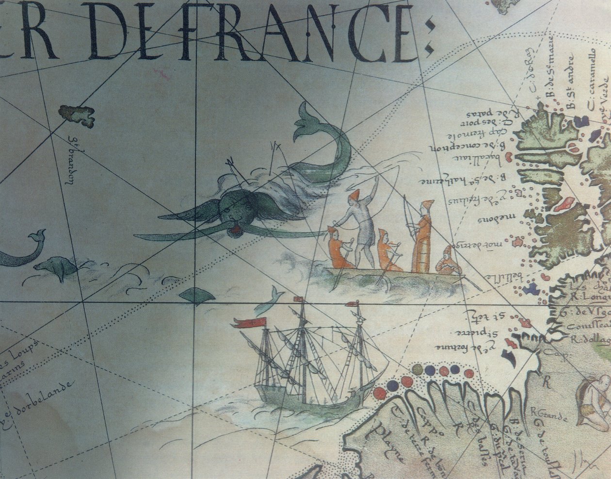 Facsimile of Whaling and Isle of Saint Brandon, detail from a portolan map by Pierre Desceliers, 1546, published in Monuments de la Geographie by Edme Francois Jomard by French School