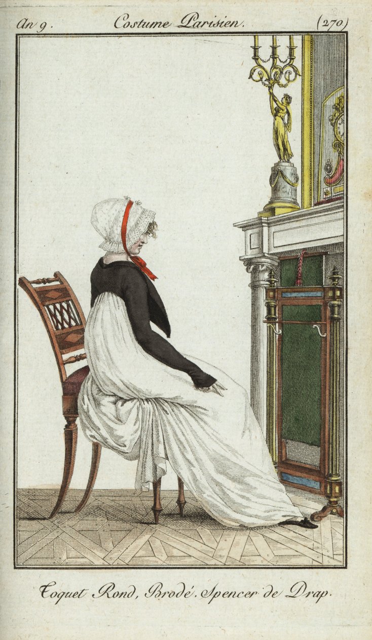 Fashionable woman sitting in front of a fireplace by French School