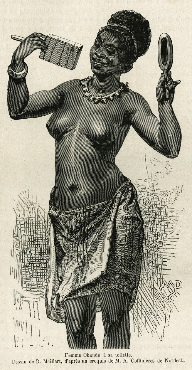 Okanda Woman Has Her Toilet, Drawing by D. Maillard, to Illustrate the Story of a Trip to Gabon and the Ogoue River, in 1875-1877, by Alfred Marche. Engraving in Le Tour du Monde by French School