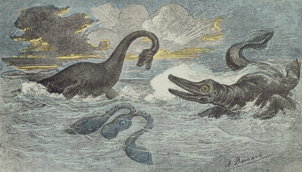 Fight between a Plesiosaurus and an Ichthiosaurus in the Liassic or Jurassic period (208 to 146 million years ago), 1880 by French School