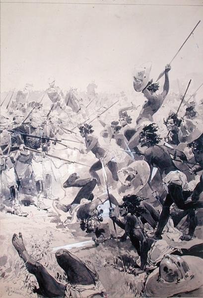 Fighting between Zulus and English Soldiers by French School