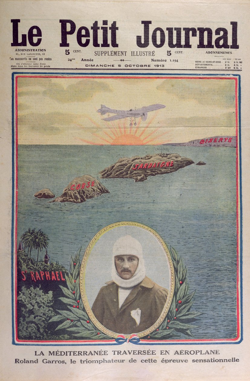 First Crossing of the Mediterranean Sea by Roland Garros, Cover Illustration of Le Petit Journal by French School