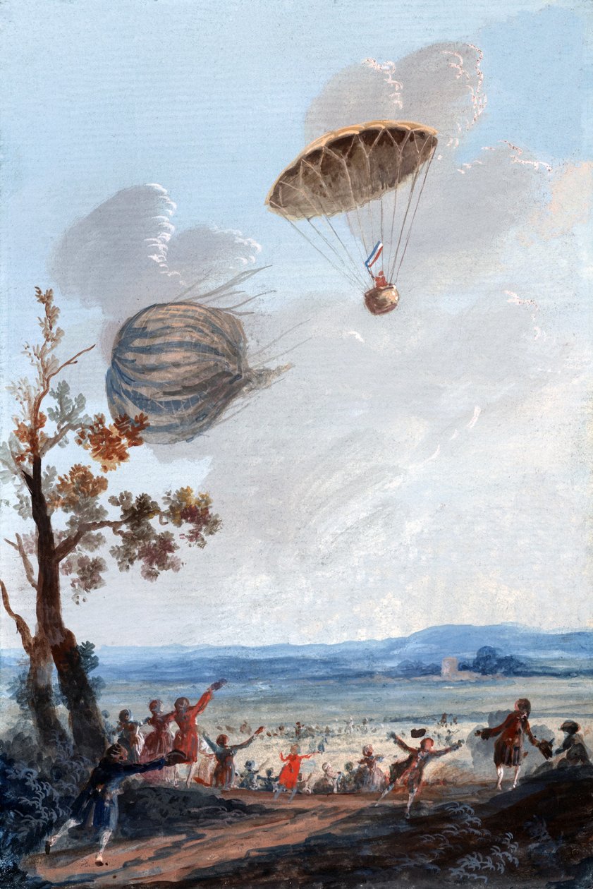 First Man to Descend in a Parachute, 22nd October 1797, at Parc Monceau, Paris, c.1797 by French School