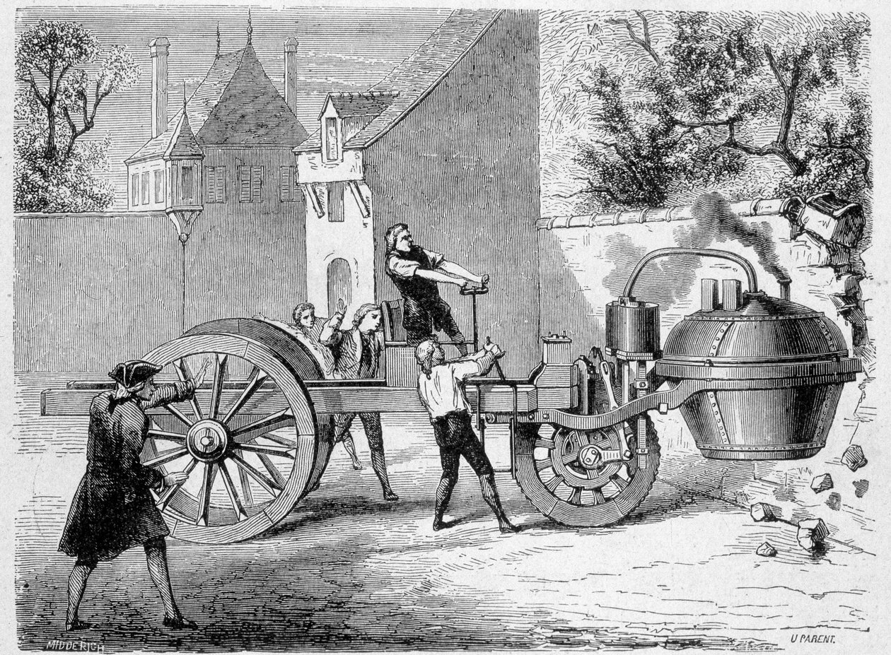 First steam car (the fardier) tried by the inventor Cugnot, inside the Arsenal, Paris by French School