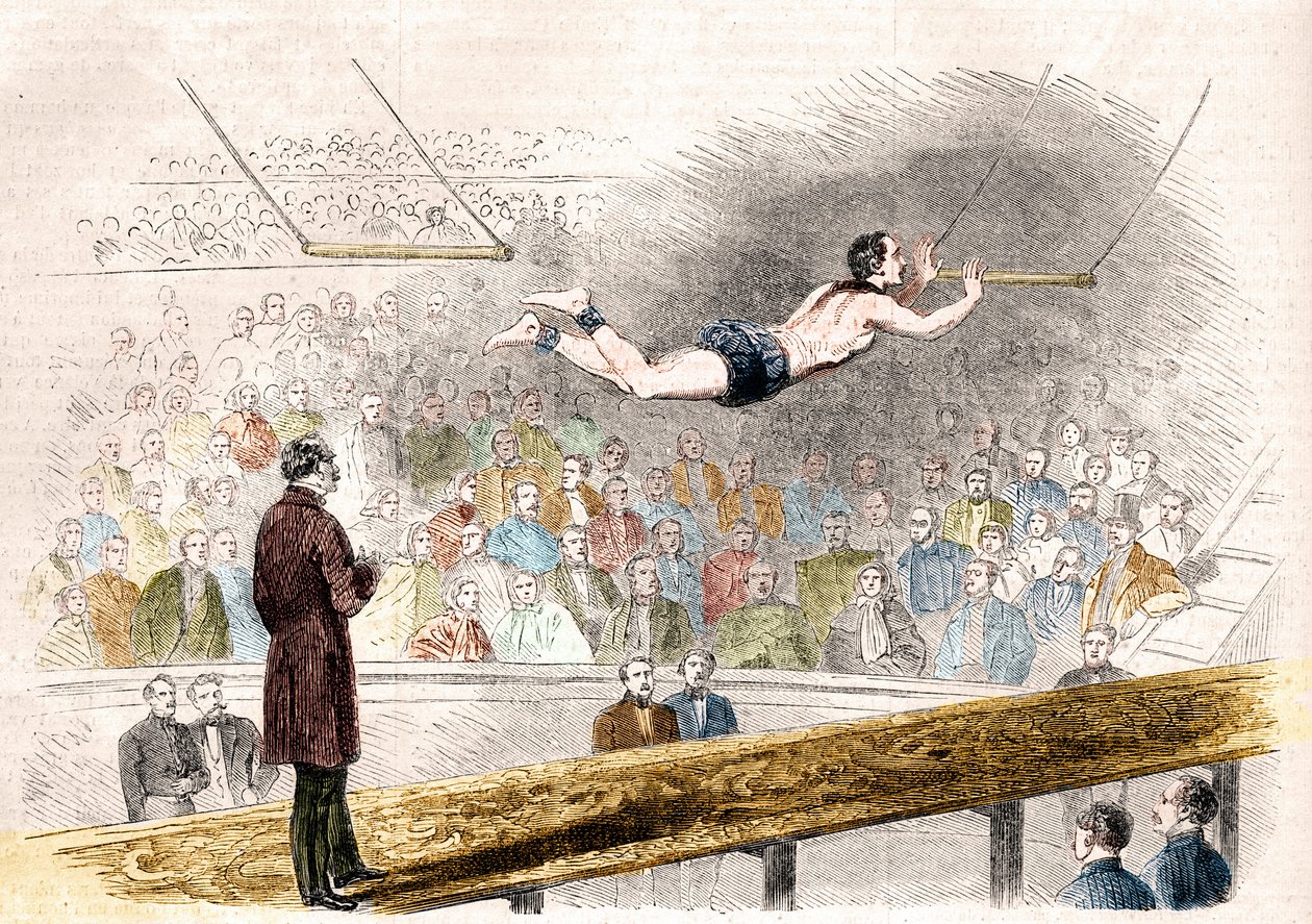 Flying trapeze number by French acrobat Jules Leotard (1839-1870) at Cirque de Napoleon (today, Cirque d