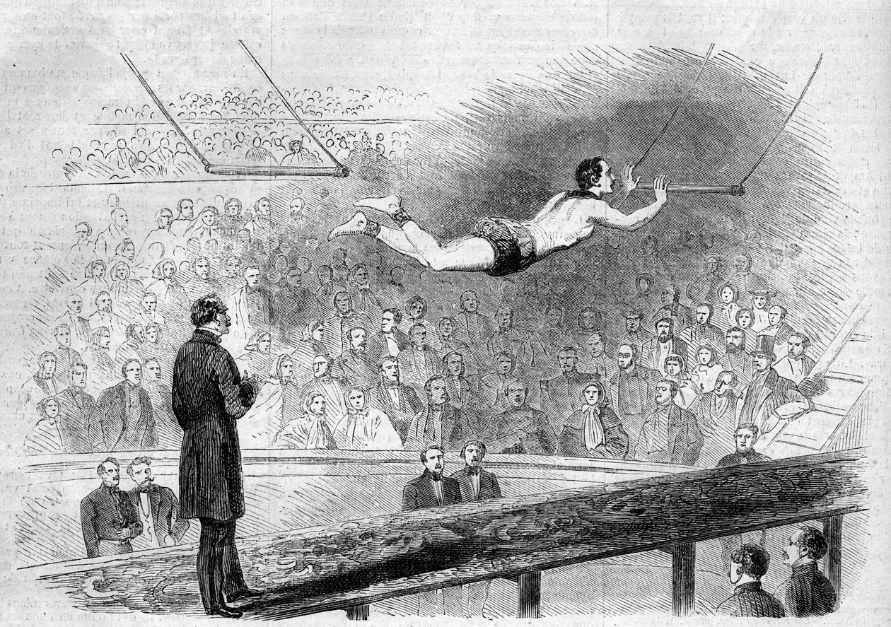 Flying trapeze number by French acrobat Jules Leotard at Cirque de Napoleon, Paris by French School