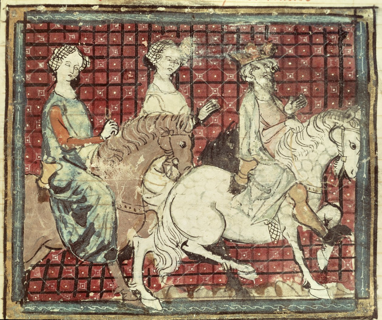 Chilperic I (543-97) and Fredegonde on Horseback, from the Grandes Chroniques de France, 1375-79 by French School