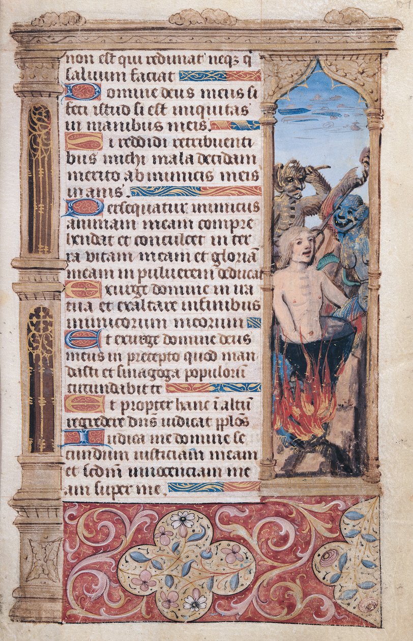 Page of Text with a Border Detail of a Man Being Tortured by Two Demons, from 