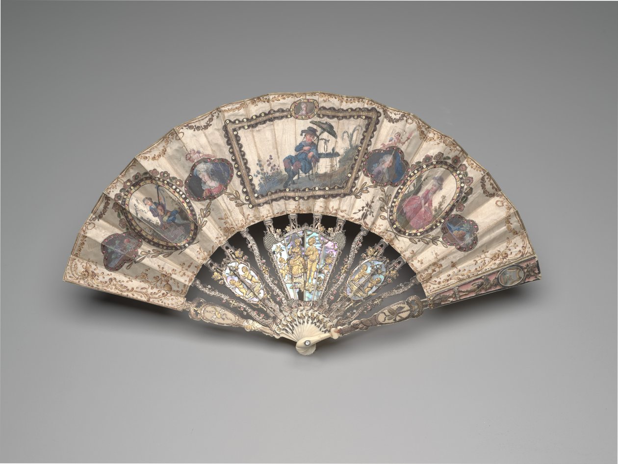 Folding fan with a chinoiserie scene, portraits, pastoral figures, and still lifes by French School