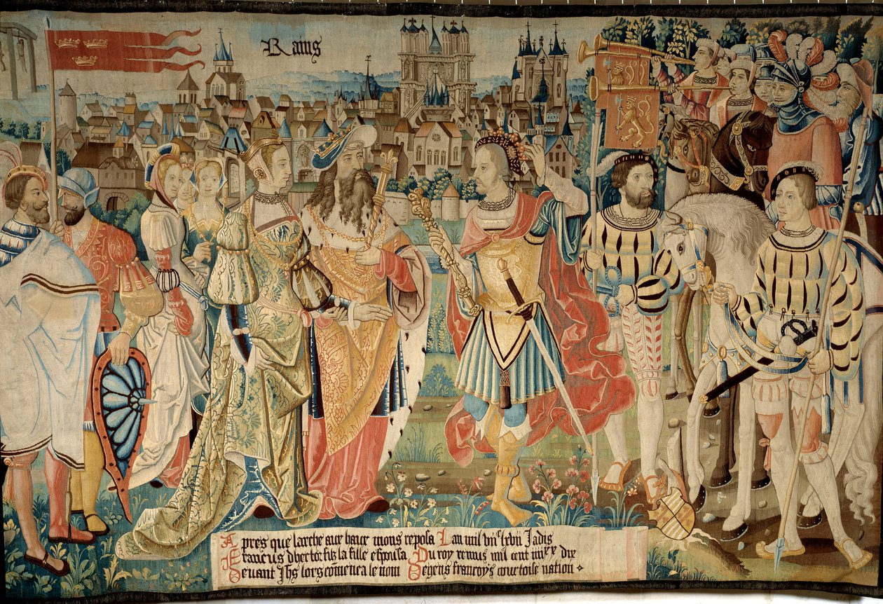 Founding of the city of Reims: Remus married his daughter to King Francus, son of Hector. Tapestry of 