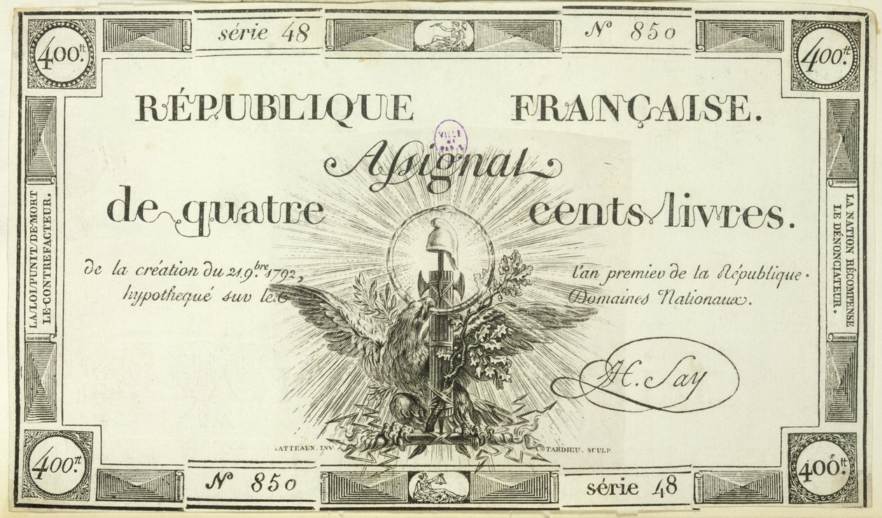 Four hundred livre banknote, 21st September 1792 by French School