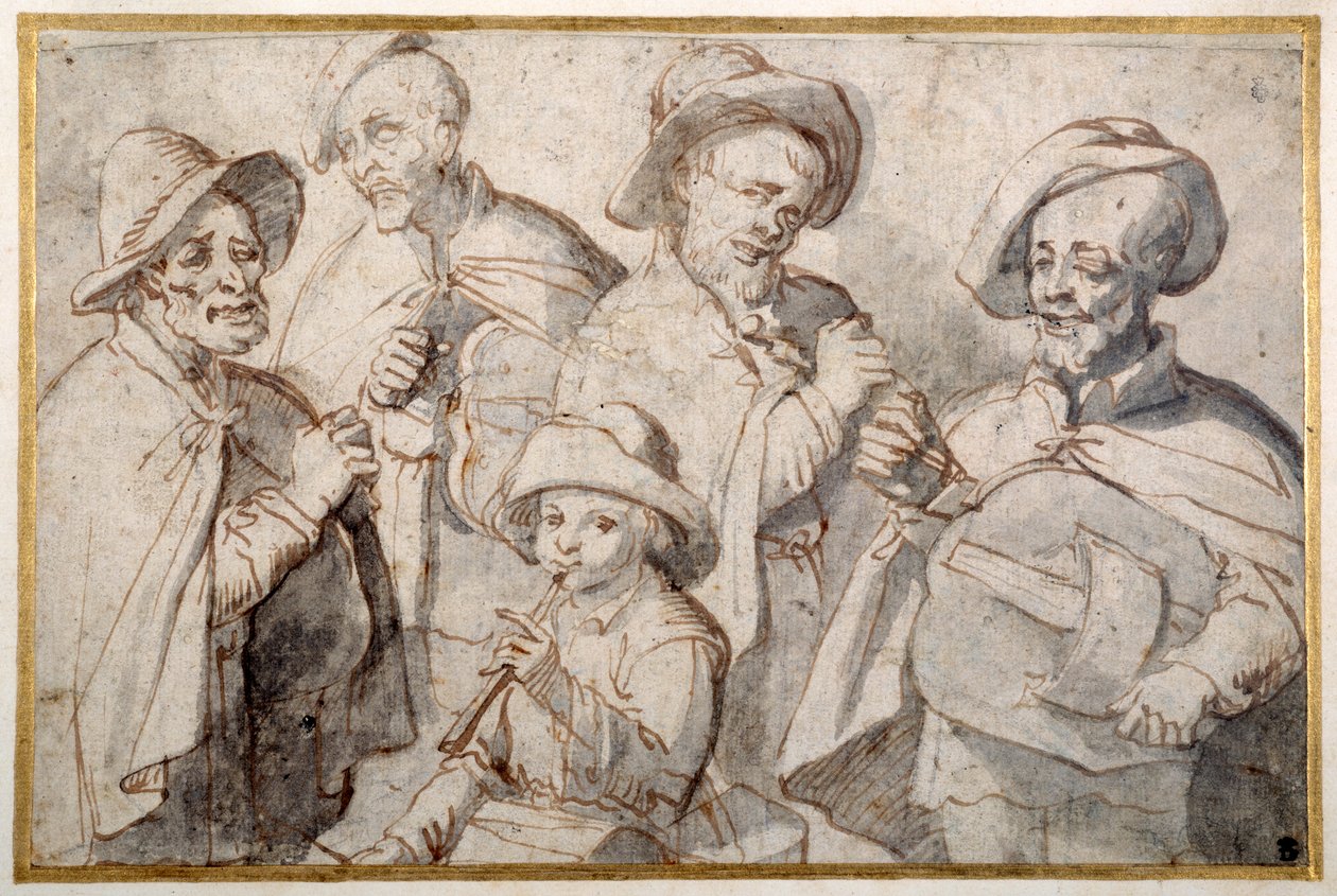 Four hurdy-gurdy players and a boy with a pipe, School of Lorraine by French School
