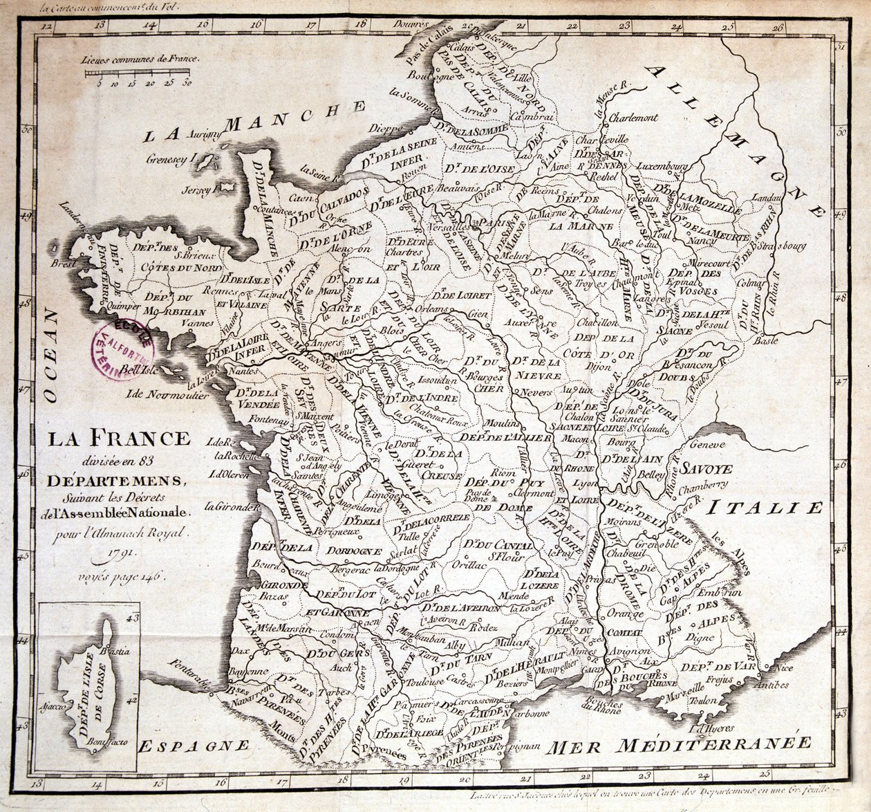 France divided into 83 departments following the decrees of the National Assembly of 1791 by French School