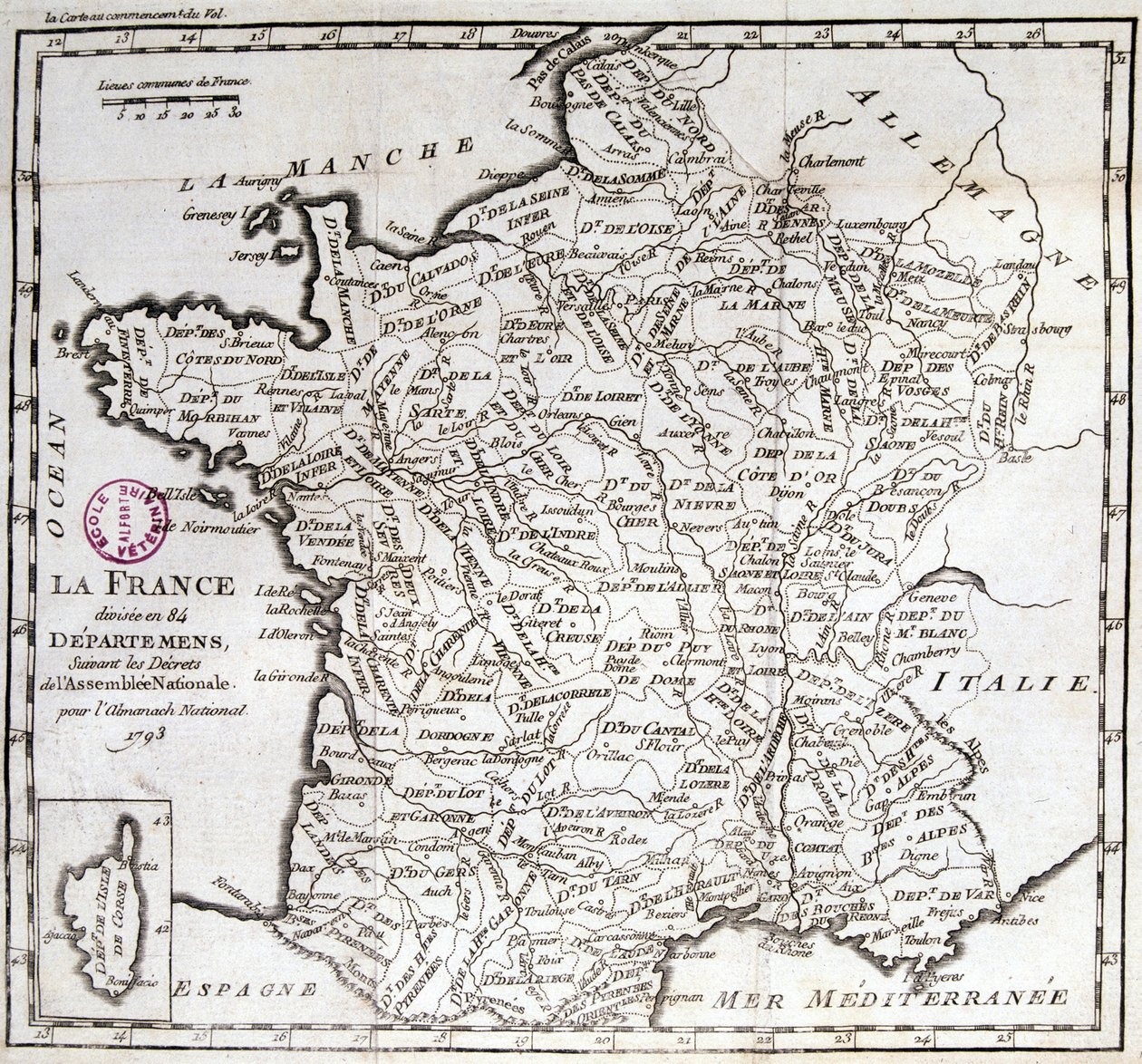 France divided into 84 departments following the decrees of the National Assembly of 1793 by French School