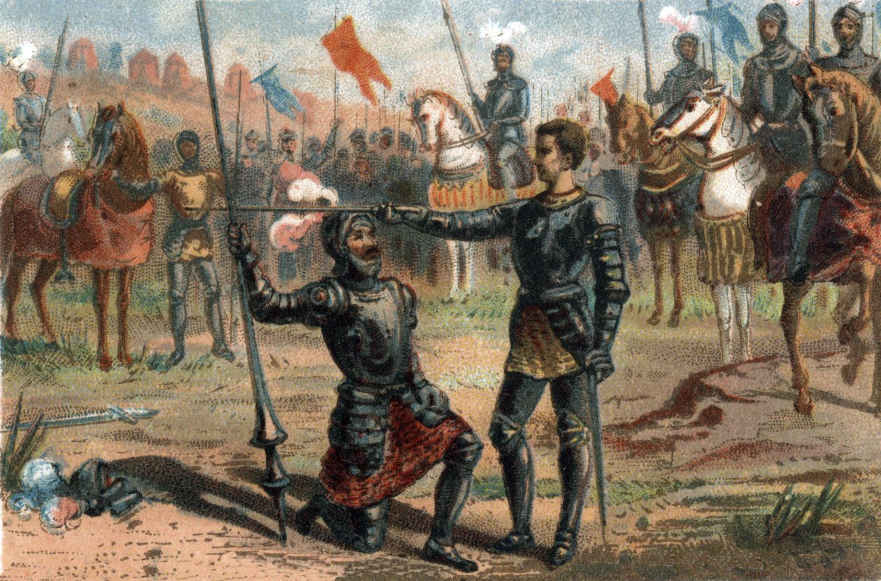 Francis I of France requesting to be knighted by the Chevalier Bayard after victory at the Battle of Marignano, Italy by French School