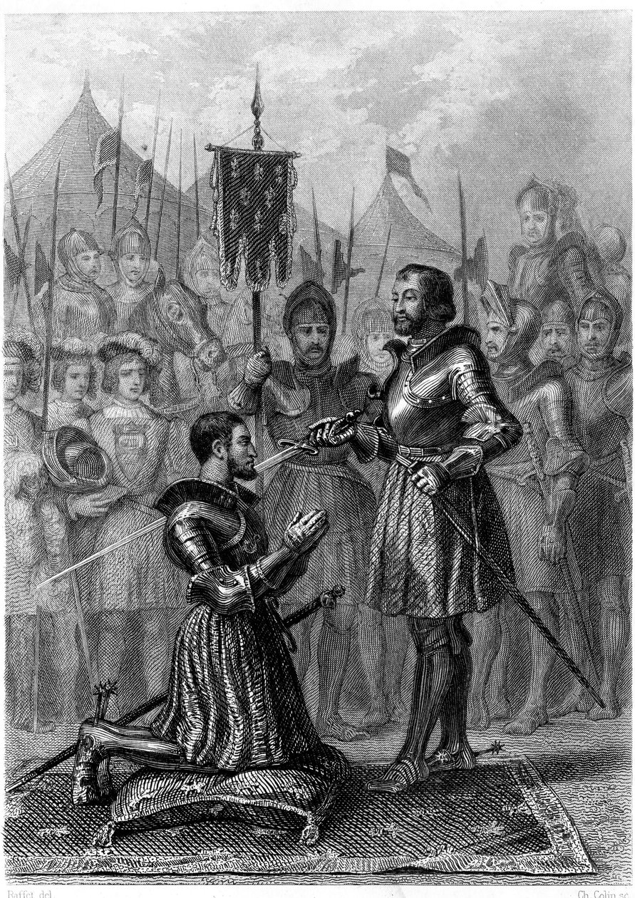 François 1st, armed knight after the Battle of Marignan (1515) (engraving) by French School