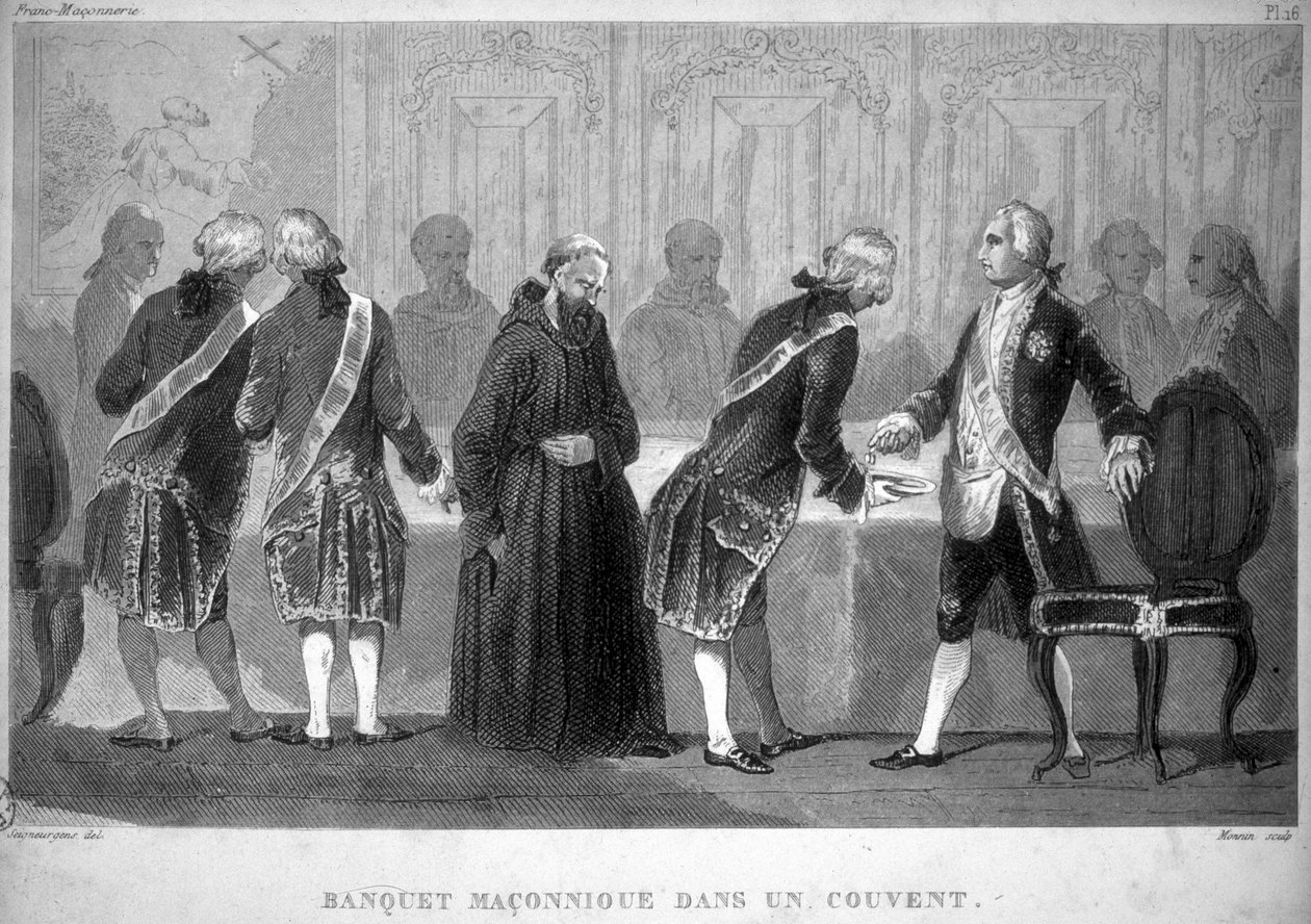 Freemasonry: Masonic banquet in a convent. Engraving from 