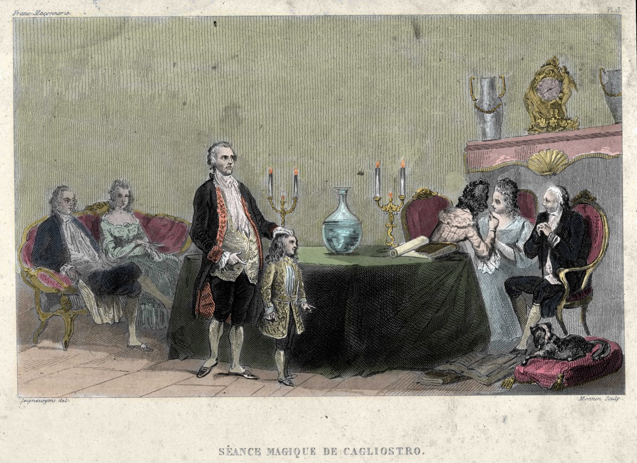 Freemasonry: Seance of magic by Giuseppe Balsamo, known as Alexander, Count of Cagliostro (1743-1795). Engraving from 