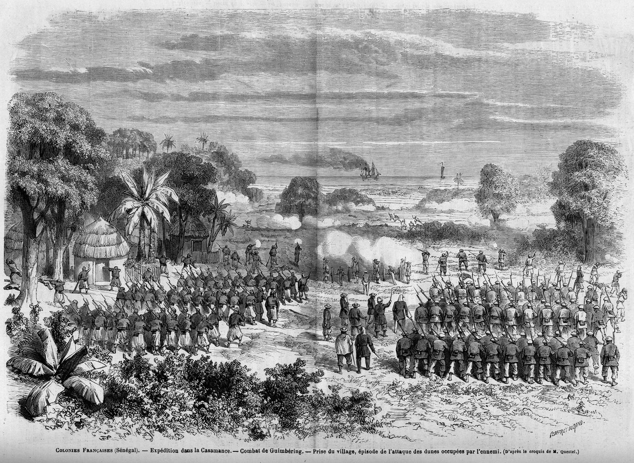 French Colonies (Senegal) 1865: Expedition in Casamance. Battle of Guimbering, Capture of the village, episode of the attack on the dunes occupied by the enemy by French School