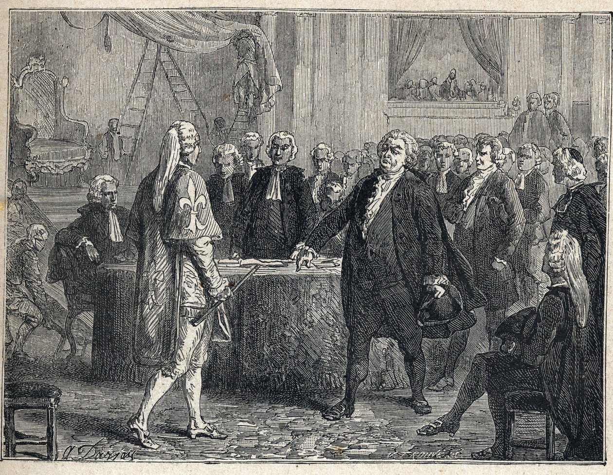 French Revolution - General Assembly on 23/06/1789: Honore Gabriel Riqueti, Count of Mirabeau (1749-1791) addressing Henri Evrard, Marquis of Dreux Breze (1762-1829). Engraving from 1889. Private collection by French School