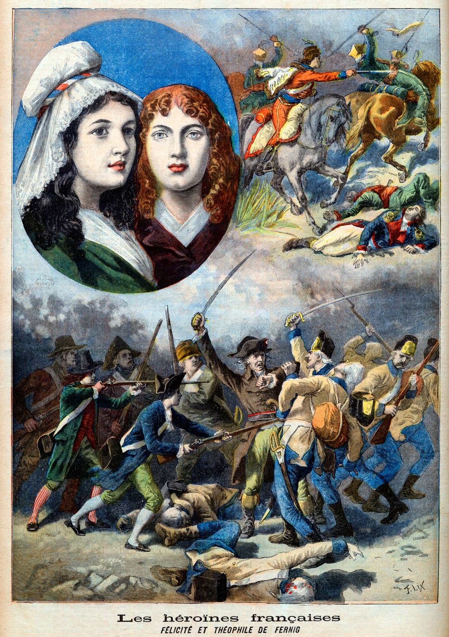 French Revolution - The French heroines: the sisters Felicite and Theophile by Fernig who fought dressed as a man against the Austrians to watch their father in 1792 - illustration from 
