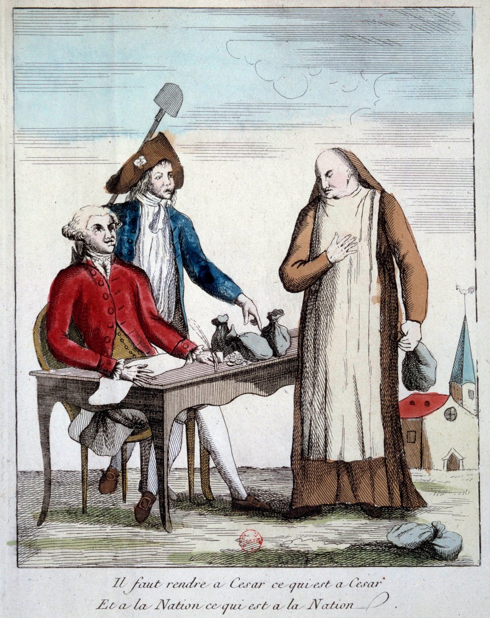 French Revolution: caricatural representation of a member of the clergy forced to return the property of the church. 