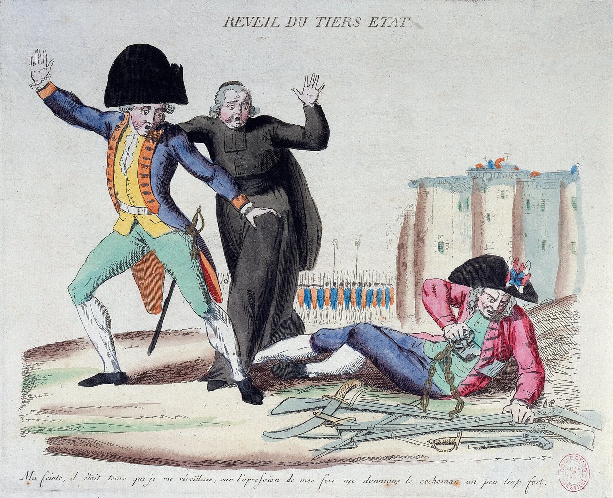 French Revolution: the awakening of the Third Estate (Third Estate). Cartoon on the three orders. He freed himself from his chains under the frightened eyes of the army and the clergymen. French print from 1789. Paris, B.N. by French School