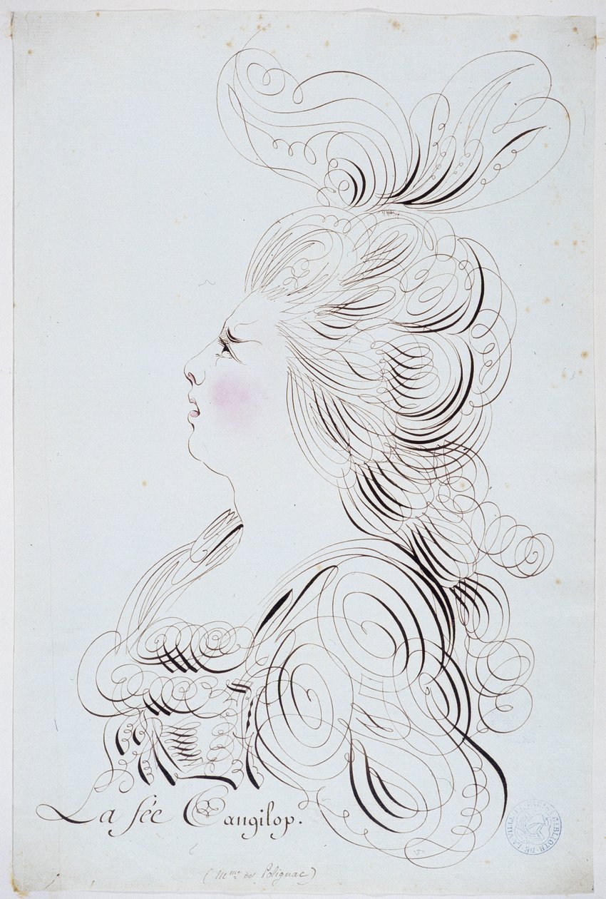 French calligraphy: Portrait of the princess of Polignac enhanced by watercolour by Bernard de Paris around 1780. Historical library of the city of Paris by French School