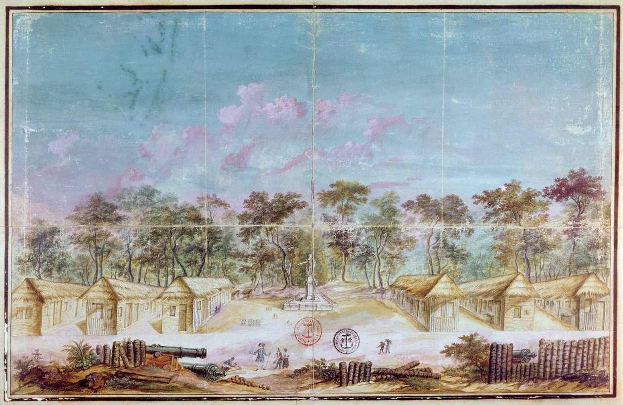 French colonists settlement on the beach of Kourou, Guyana in 1763 by French School