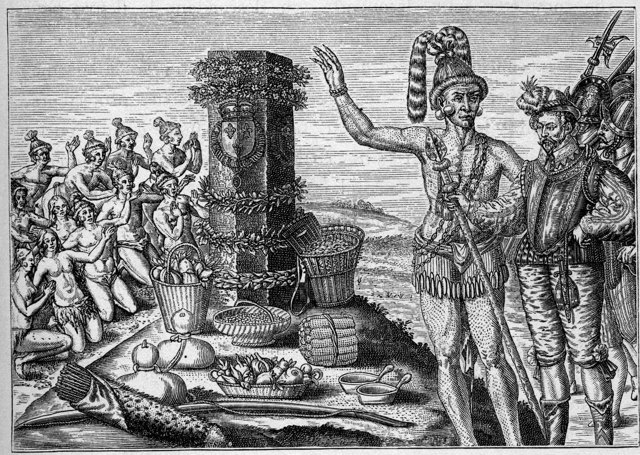 French colony in America: Floridians love the commemorative column erected by Rene de Laudonniere in memory of the Spanish attacks on the French Protestant colonies in 1564. From a 16th century engraving. In 