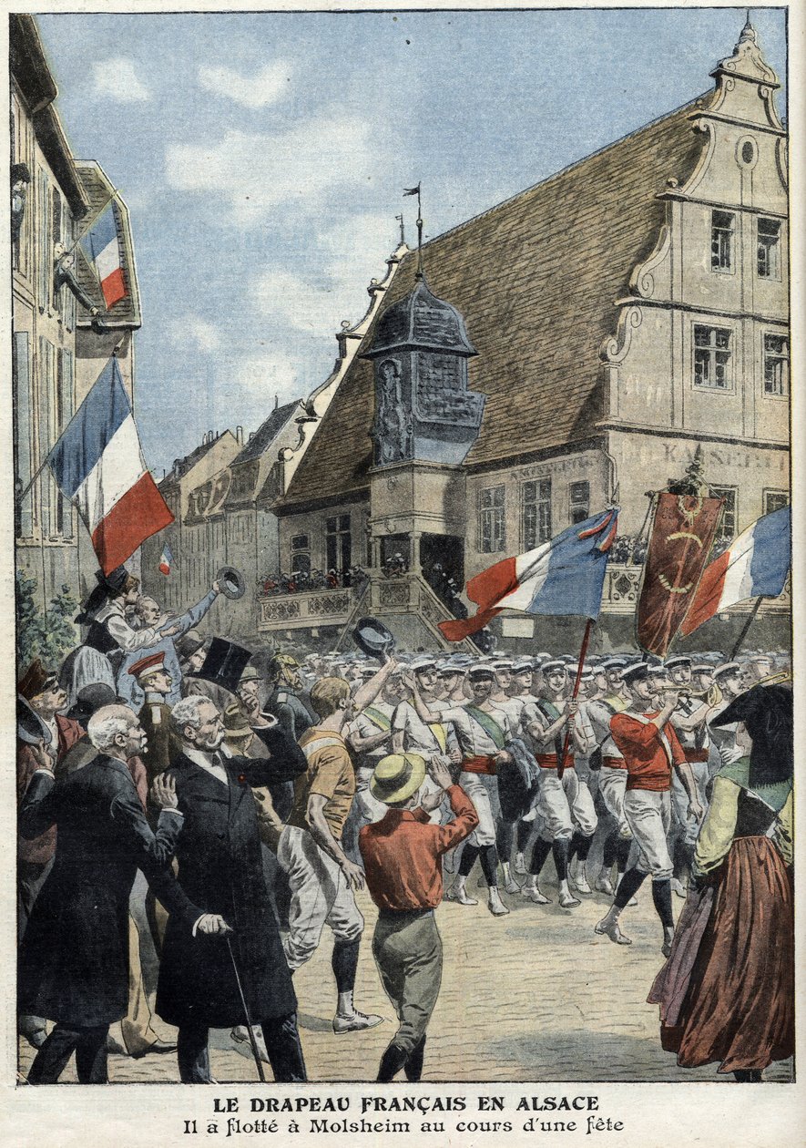 French flag floating again in the streets of Molsheim, Alsace, during sports fair in Le Petit Journal of July 4 by French School