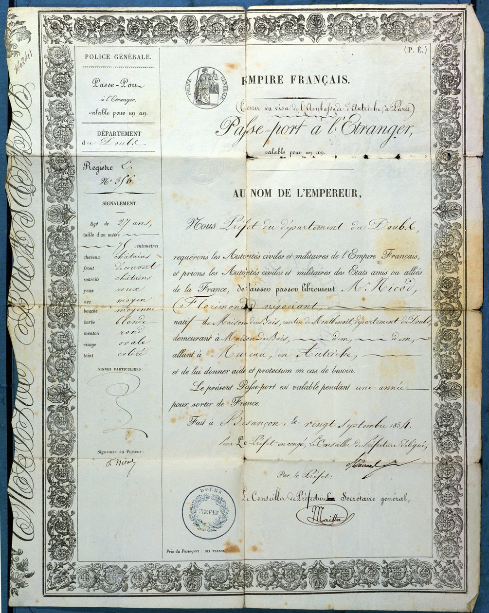 French passport, from Besancon, 20th September 1854 by French School