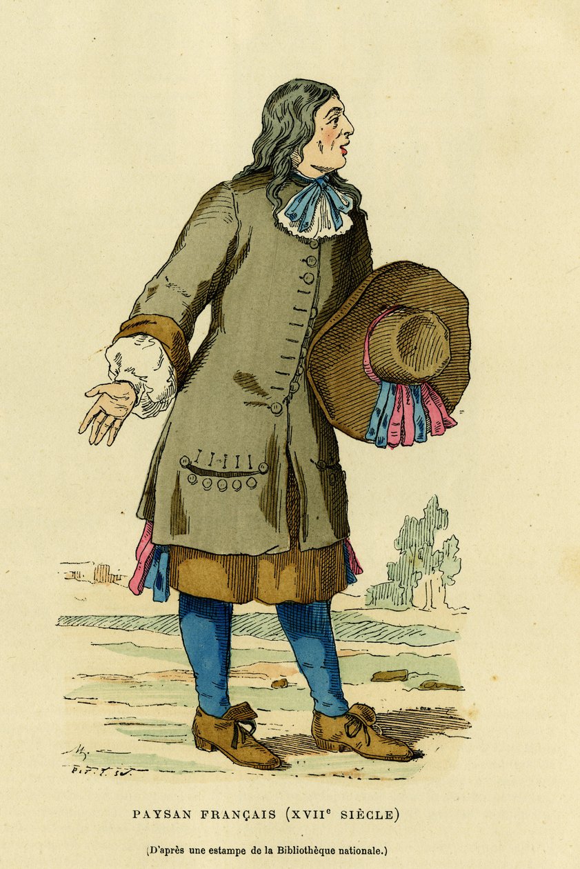 French peasant costume in the 18th century. Engraving in colours after a print of the national bibliothèque, in 