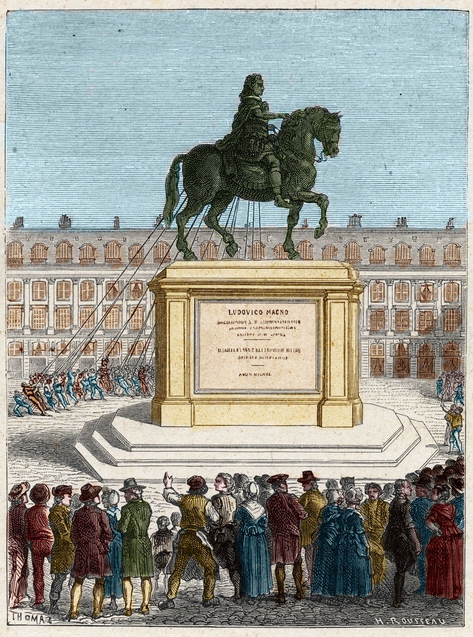 French Revolution: overthrow of the statue of King Louis XIV (1643-1715), Place Vendome in Paris by French School