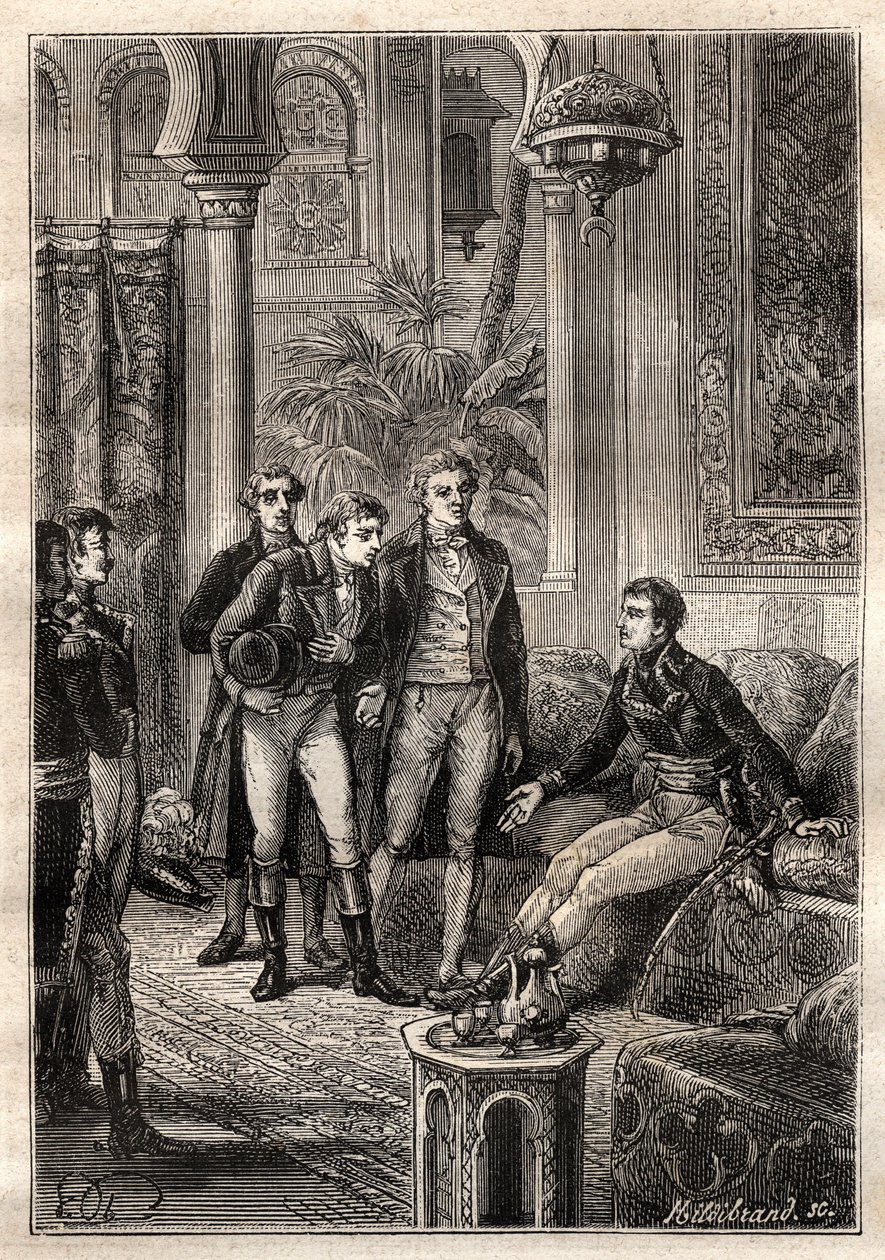 Friedrich Konrad Hornemann met Napoleon Bonaparte in Cairo in 1797 in the presence of Gaspard Monge and Claude Louis Berthollet - illustration from The Great Mariners of the 18th century by French School