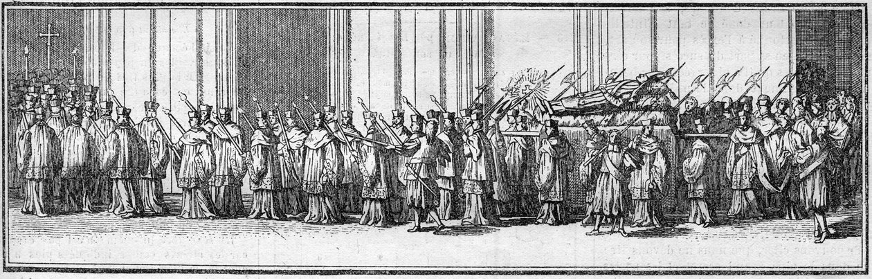 Funeral of a pope in the 18th century: the body of the pope carries to the Church of St. Peter in Rome. Engraving in Histoire des religions by French School