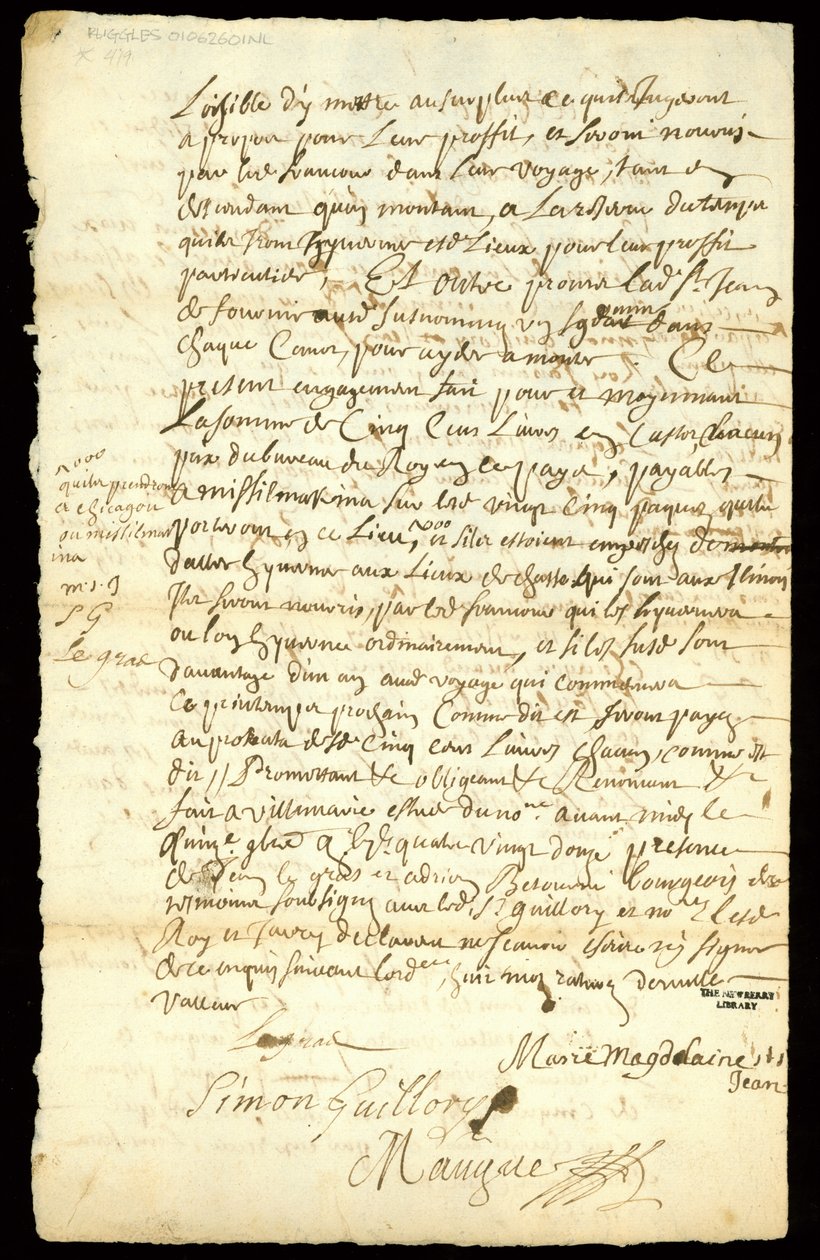 Fur Trade Contract Between Francois Francoeur and Four Voyageurs for Transport of Goods and Purchase of Beaver Pelts in Michilimackinac and Chicago by French School